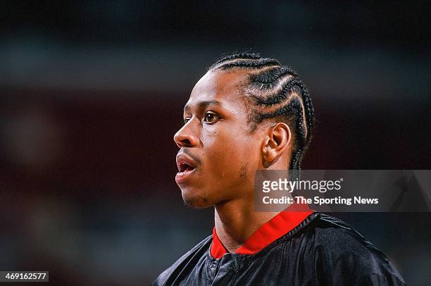 Allen Iverson of the Philadelphia 76ers during the game against the Charlotte Hornets on April 8, 1998 at CoreStates Center in Philadelphia,...