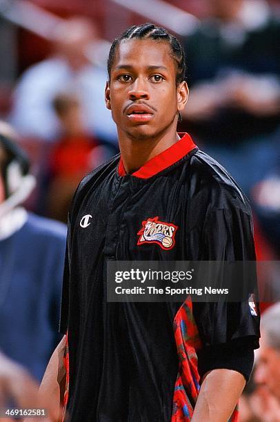 Allen Iverson of the Philadelphia 76ers during the game against the Charlotte Hornets on April 8, 1998 at CoreStates Center in Philadelphia,...