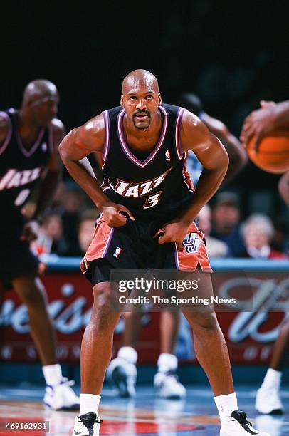 Bryon Russell of the Utah Jazz during the game against the Charlotte Hornets on December 2, 2000 at Charlotte Coliseum in Charlotte, North Carolina.