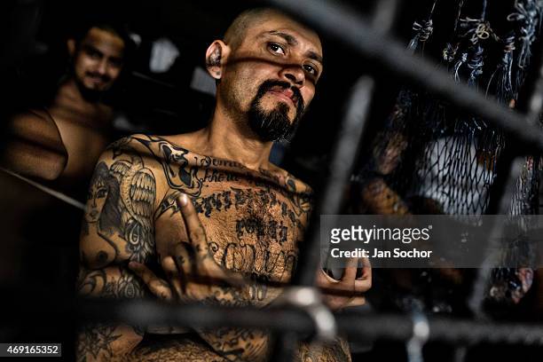 Local leader of the Mara Salvatrucha gang shows a hand sign that represents his gang, in a cell at a detention center on February 20, 2014 in San...