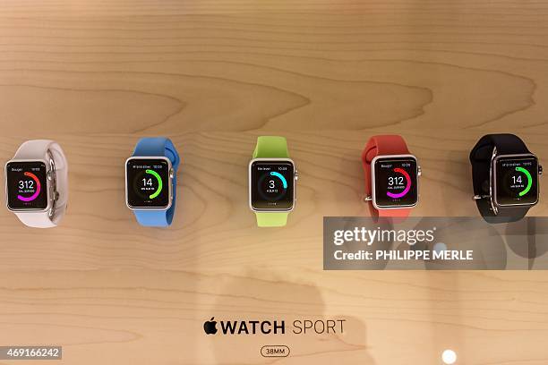 Different models of the Apple Watch are displayed in the Apple Store in Lyon, central-eastern France, on April 10, 2015. Tech fans got their first...