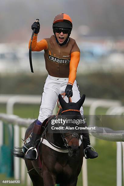 Sam Waley-Cohen rding Rajdhani Express win The Crabbie's Topham Steeple Chase on day two of the three day Grand National meeting at Aintree...