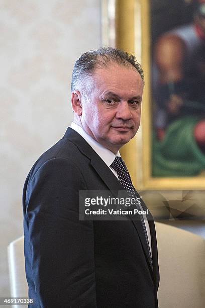 President of Slovakia Andrej Kiska attends a private audience with Pope Francis at the Apostolic Palace on April 9, 2015 in Vatican City, Vatican....