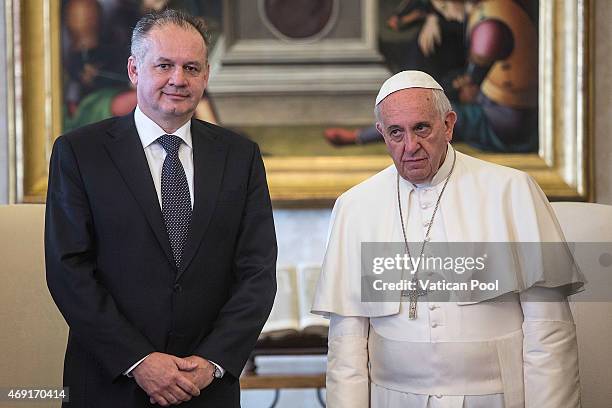 Pope Francis meets President of Slovakia Andrej Kiska during a private audience at the Apostolic Palace on April 9, 2015 in Vatican City, Vatican....