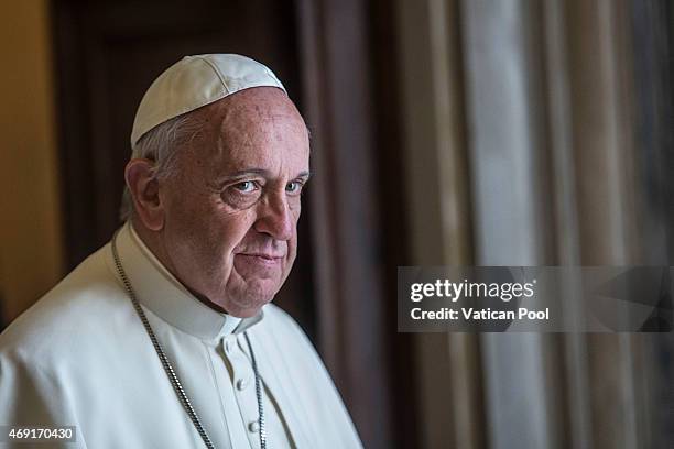 Pope Francis attends a private audience with President of Slovakia Andrej Kiska at the Apostolic Palace on April 9, 2015 in Vatican City, Vatican....