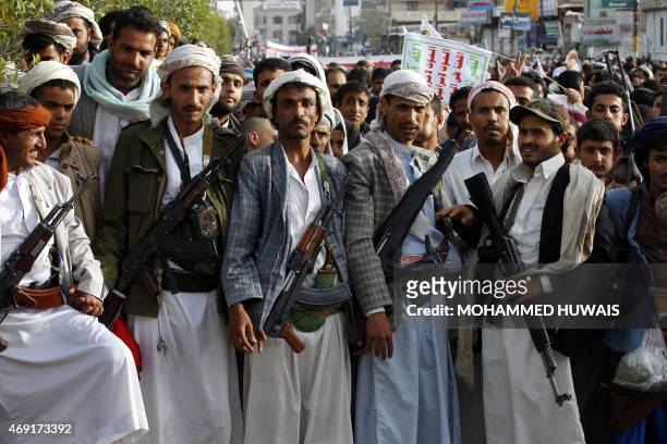 Supporters of the Shiite Huthi movement take part in a demonstration in Sanaa on April 10, 2015 against the Saudi-led military "Decisive Storm" air...