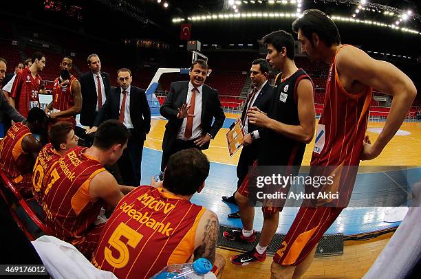 Ergin Ataman, Head Coach of Galatasaray Liv Hospital Istanbul talks to his players during the Turkish Airlines Euroleague Basketball Top 16 Date 14...