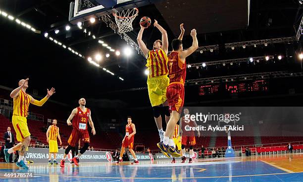 Tibor Pleiss, #21 of FC Barcelona competes with Zoran Ercceg, #7 of Galatasaray Liv Hospital Istanbul during the Turkish Airlines Euroleague...