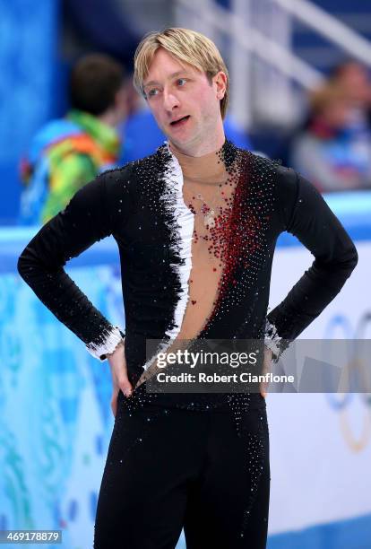 Evgeny Plyushchenko of Russia withdraws from the competition after the warming up due to injury during the Men's Figure Skating Short Program on day...