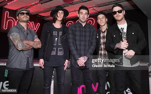 Nick Martin,Jack Fowler,Kellin Quinn,Justin Hills and Gabe Barham of Sleeping With Sirens Sign Copies Of Their New Album 'Madness' In Store at HMV...