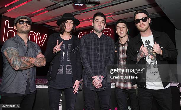 Nick Martin,Jack Fowler,Kellin Quinn,Justin Hills and Gabe Barham of Sleeping With Sirens Sign Copies Of Their New Album 'Madness' In Store at HMV...