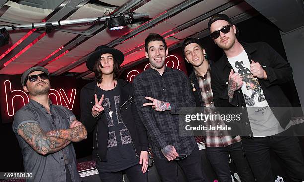 Nick Martin,Jack Fowler,Kellin Quinn,Justin Hills and Gabe Barham of Sleeping With Sirens Sign Copies Of Their New Album 'Madness' In Store at HMV...