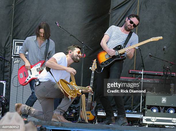 Country Rock Group Old Dominion members, Geoff Sprung, Matthew Ramsey and Brad Tursi perform at Country Thunder USA - Day 1 on April 9, 2015 in...