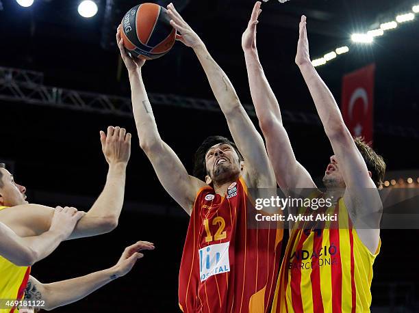 Kerem Gonlum, #12 of Galatasaray Liv Hospital Istanbul in action during the Turkish Airlines Euroleague Basketball Top 16 Date 14 game between...