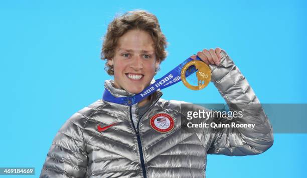 Gold medalist Joss Christensen of the United States celebrates during the medal ceremony for the Freestyle Skiing Men's Ski Slopestyle on day six of...