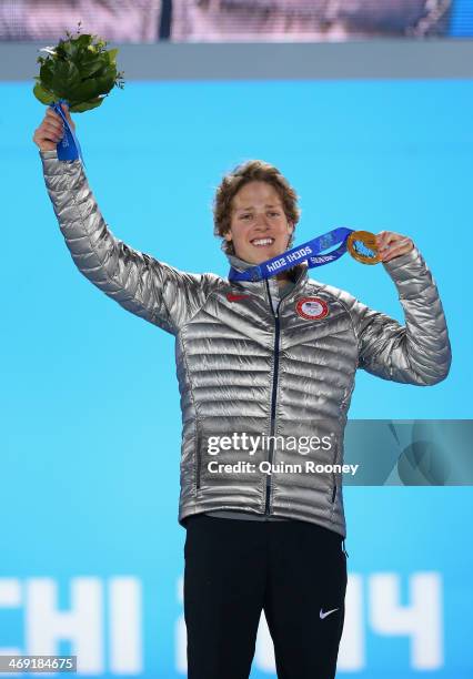 Gold medalist Joss Christensen of the United States celebrates during the medal ceremony for the Freestyle Skiing Men's Ski Slopestyle on day six of...