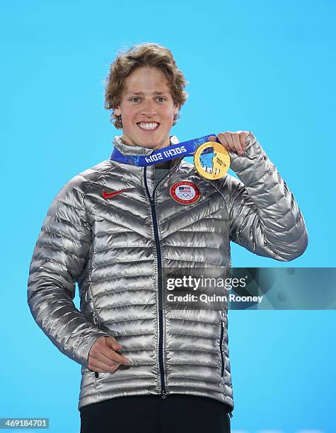 Gold medalist Joss Christensen of the United States celebrates during the medal ceremony for the Freestyle Skiing Men's Ski Slopestyle on day six of...