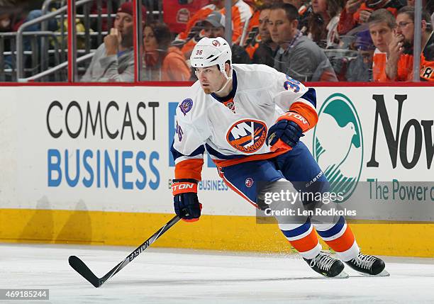 Eric Boulton of the New York Islanders skates against the Philadelphia Flyers on April 7, 2015 at the Wells Fargo Center in Philadelphia,...