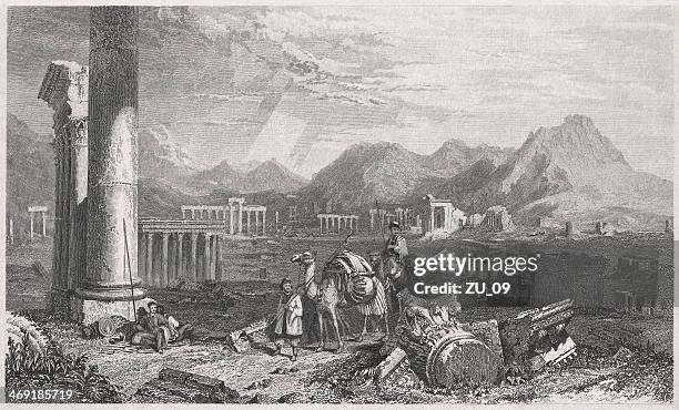 stockillustraties, clipart, cartoons en iconen met tadmor in the desert (palmyra), steel engraving, published in 1836 - palmera