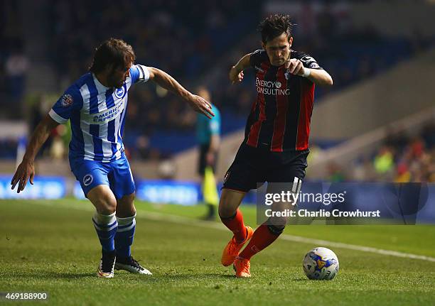 Charlie Daniels of Bournemouth takes on Inigo Calderon of Brighton and Hove Albion during the Sky Bet Championship match between Brighton & Hove...