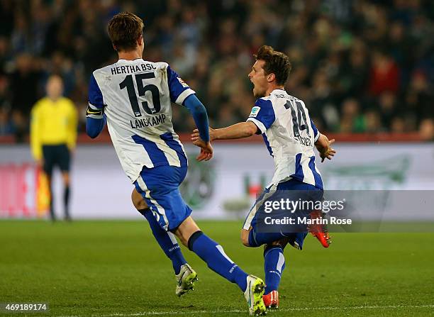 Valentin Stocker of Hertha BSC celebrates as he scores their first goal during the Bundesliga match between Hannover 96 and Hertha BSC at HDI-Arena...