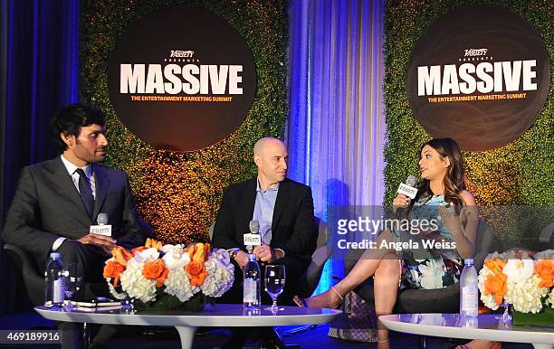 Moderator Jeetendr Sehdev, Scott Birnbaum of Aeropostale and Bethany Mota speak onstage at Variety's Massive: The Entertainment Marketing Summit at...
