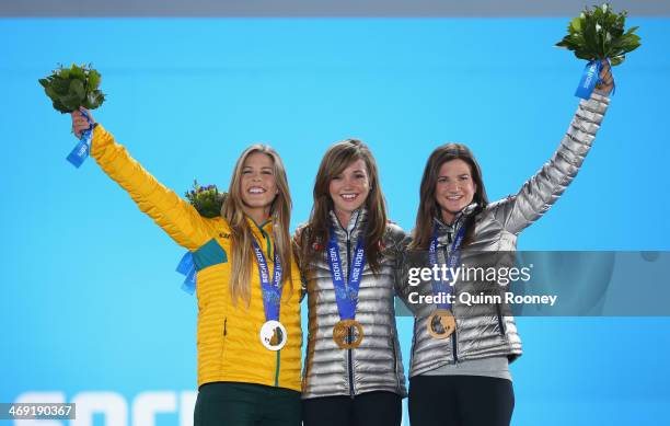 Silver medalist Torah Bright of Australia, gold medalist Kaitlyn Farrington of the United States and bronze medalist Kelly Clark of the United States...