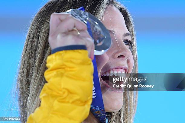 Silver medalist Torah Bright of Australia celebrates during the medal ceremony for the Snowboard Ladies' Halfpipe on day six of the Sochi 2014 Winter...