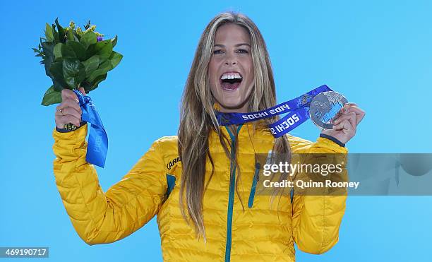 Silver medalist Torah Bright of Australia celebrates during the medal ceremony for the Snowboard Ladies' Halfpipe on day six of the Sochi 2014 Winter...