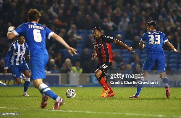 Callum Wilson of Bournemouth beats the Brighton defence to score their second goal during the Sky Bet Championship match between Brighton & Hove...