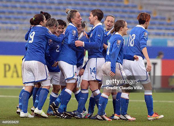 Italy players celebrate during the FIFA Women's World Cup 2015 group 2 qualifier match between Italy and Czech Republic at Silvio Piola Stadium on...