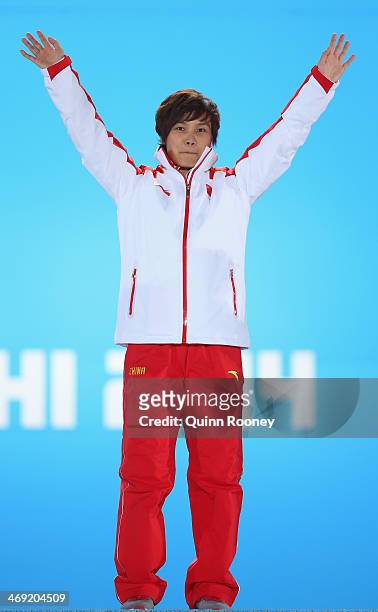 Gold medalist Jianrou Li of China celebrates during the medal ceremony for the Short Track Speed Skating Ladies' 500 m on day six of the Sochi 2014...