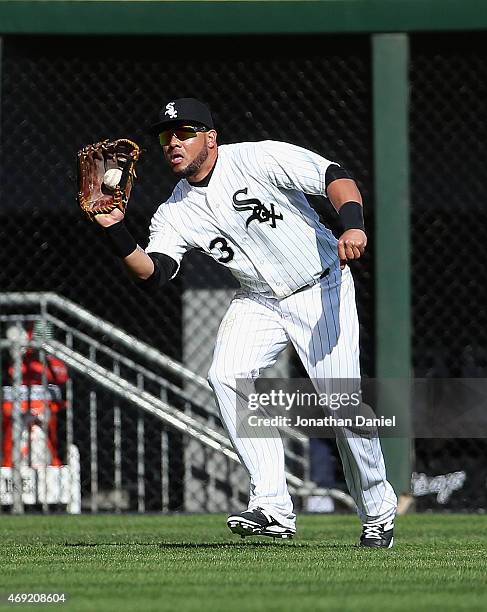 Melky Cabrera of the Chicago White Sox makes a catch in the 3rd inning against the Minnesota Twins during the White Sox home opener at U.S. Cellular...