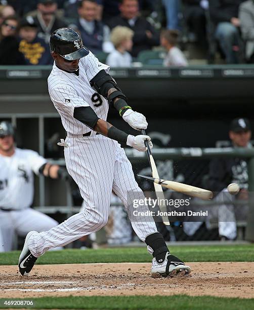 Alexei Ramirez of the Chicago White Sox breaks his bat in the 5th inning against the Minnesota Twins during the White Sox home opener at U.S....