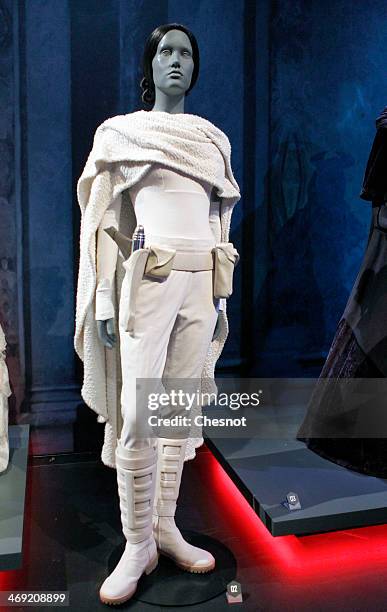 The costume of character Padme Amidala from the Star Wars film series is displayed during the presentation of the exhibition "Star Wars Identities"...