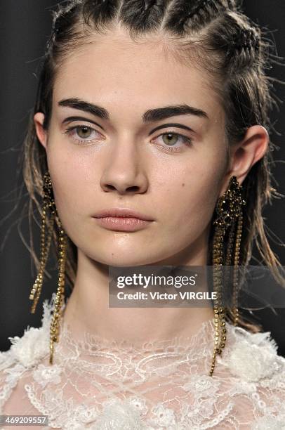 Model walks the runway during the Marchesa Ready to Wear Fall/Winter 2014-2015 show during Mercedes-Benz Fashion Week Fall 2014 on February 12, 2014...