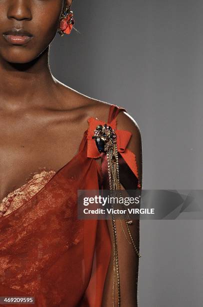 Model walks the runway during the Marchesa Ready to Wear Fall/Winter 2014-2015 show during Mercedes-Benz Fashion Week Fall 2014 on February 12, 2014...