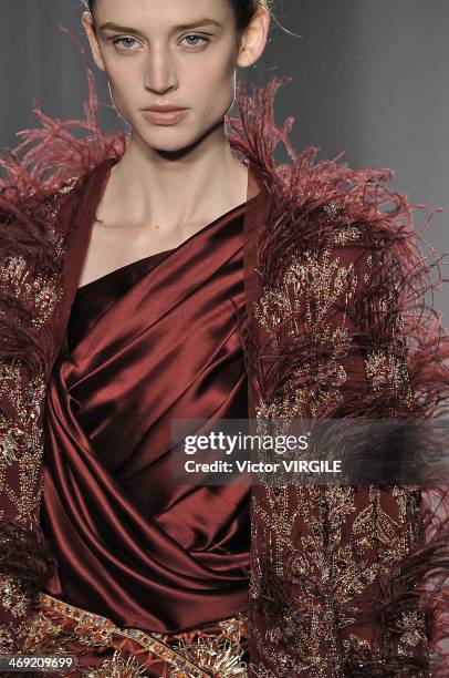 Model walks the runway during the Marchesa Ready to Wear Fall/Winter 2014-2015 show during Mercedes-Benz Fashion Week Fall 2014 on February 12, 2014...