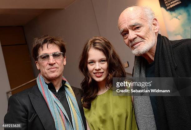 Tobias Moretti, Paula Beer and Hans-Michael Rehberg pose at the 'Das finstere Tal' Munich premiere at City Kino on February 13, 2014 in Munich,...