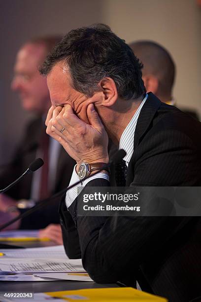 Giuseppe Recchi, chairman of Eni SpA, reacts during a news conference following the company's 2014-2017 strategy presentation in London, U.K., on...