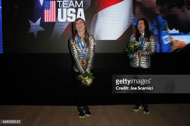 Olympians Kaitlyn Farrington and Kelly Clark visit the USA House in the Olympic Village on February 13, 2014 in Sochi, Russia.