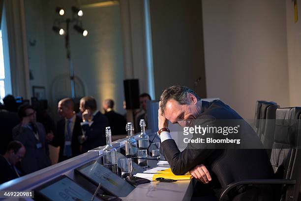 Giuseppe Recchi, chairman of Eni SpA, reacts during a news conference following the company's 2014-2017 strategy presentation in London, U.K., on...