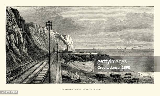 site of the channel tunnel attempt in 1881 - channel tunnel stock illustrations