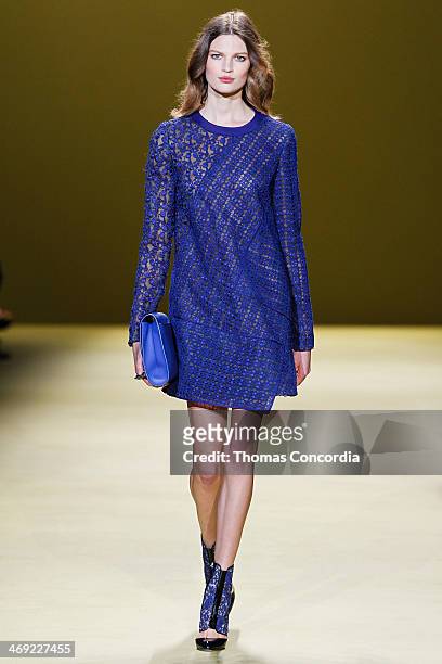 Model walks the runway at J. Mendel during Mercedes-Benz Fashion Week Fall 2014 at The Theatre at Lincoln Center on February 13, 2014 in New York...