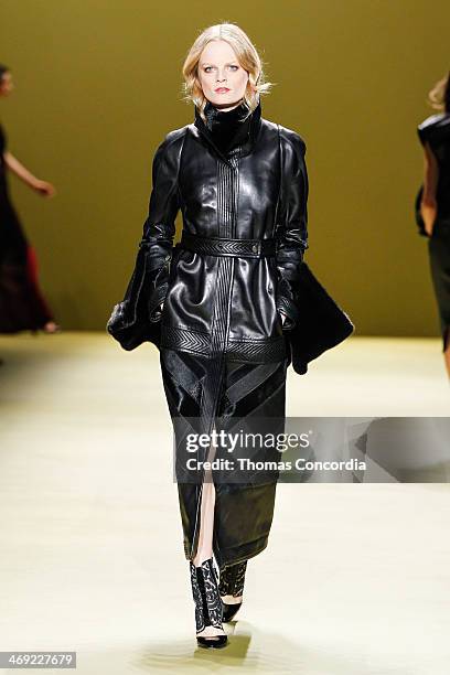 Model walks the runway at J. Mendel during Mercedes-Benz Fashion Week Fall 2014 at The Theatre at Lincoln Center on February 13, 2014 in New York...