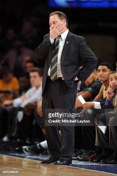 Head coach Tom Izzo of the Michigan State Spartans looks on during a college basketball game against the Georgetown Hoyas on February 1, 2014 at...