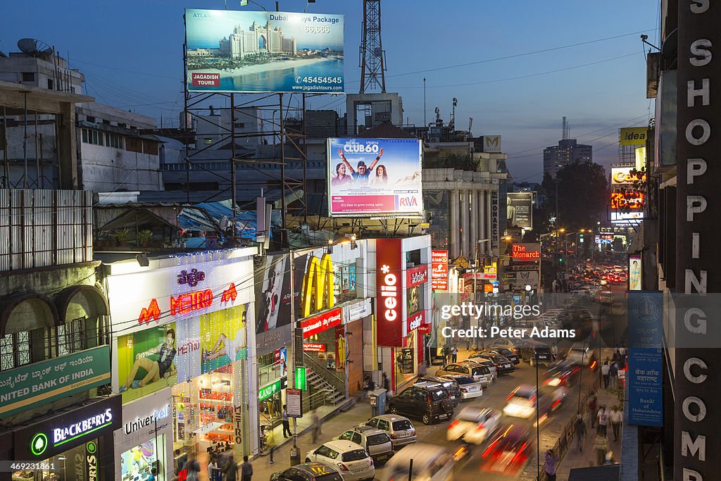 Brigade Road Shops & Cars at Dusk, Bangalore