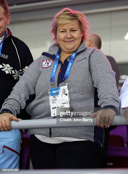 Prime Minister of Norway Erna Solberg attends the Men's Ice Hockey Preliminary Round Group B game between Norway and Canada on day 6 of the Sochi...