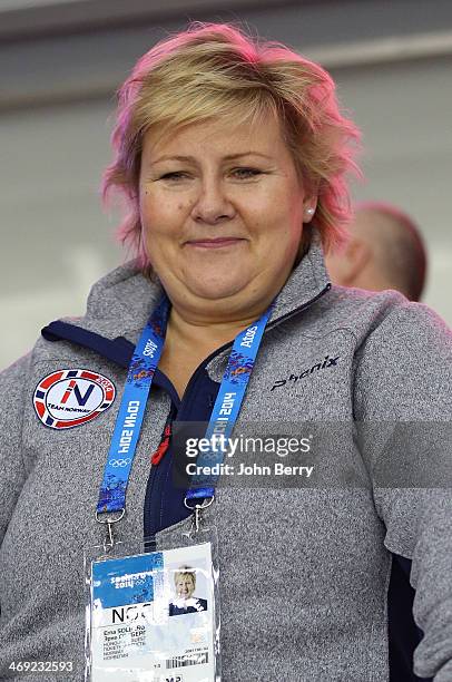 Prime Minister of Norway Erna Solberg attends the Men's Ice Hockey Preliminary Round Group B game between Norway and Canada on day 6 of the Sochi...