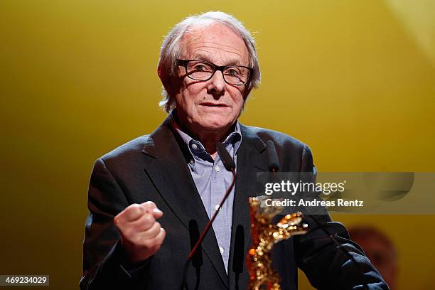 Ken Loach receives his Honoray Golden Bear during the 64th Berlinale International Film Festival at Berlinale Palast on February 13, 2014 in Berlin,...